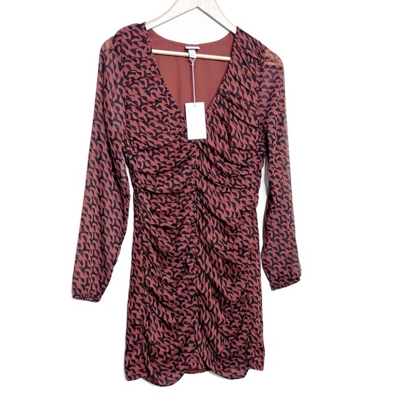 NWT A New Day Women's Ruched V Neck Long Sleeve Geometric Print Mini Dress - Picture 2 of 16